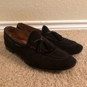 Chocolate brown suede tassel loafers